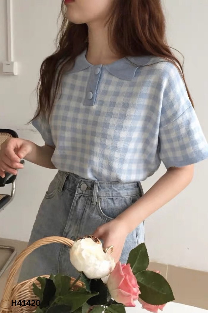Áo LOVITO xanh kẻ caro cổ bẻ
