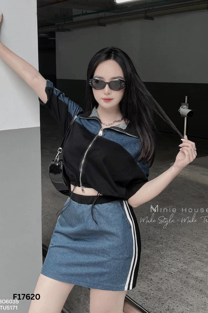 SET Áo đen phối jeans xanh + chân váy