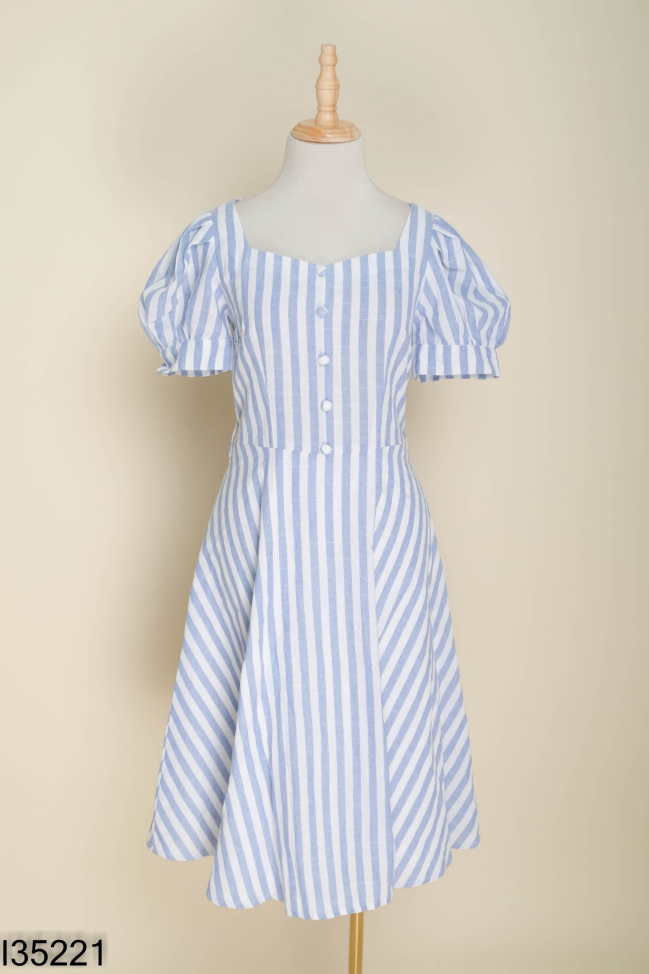 Váy linen xanh sọc tay phồng