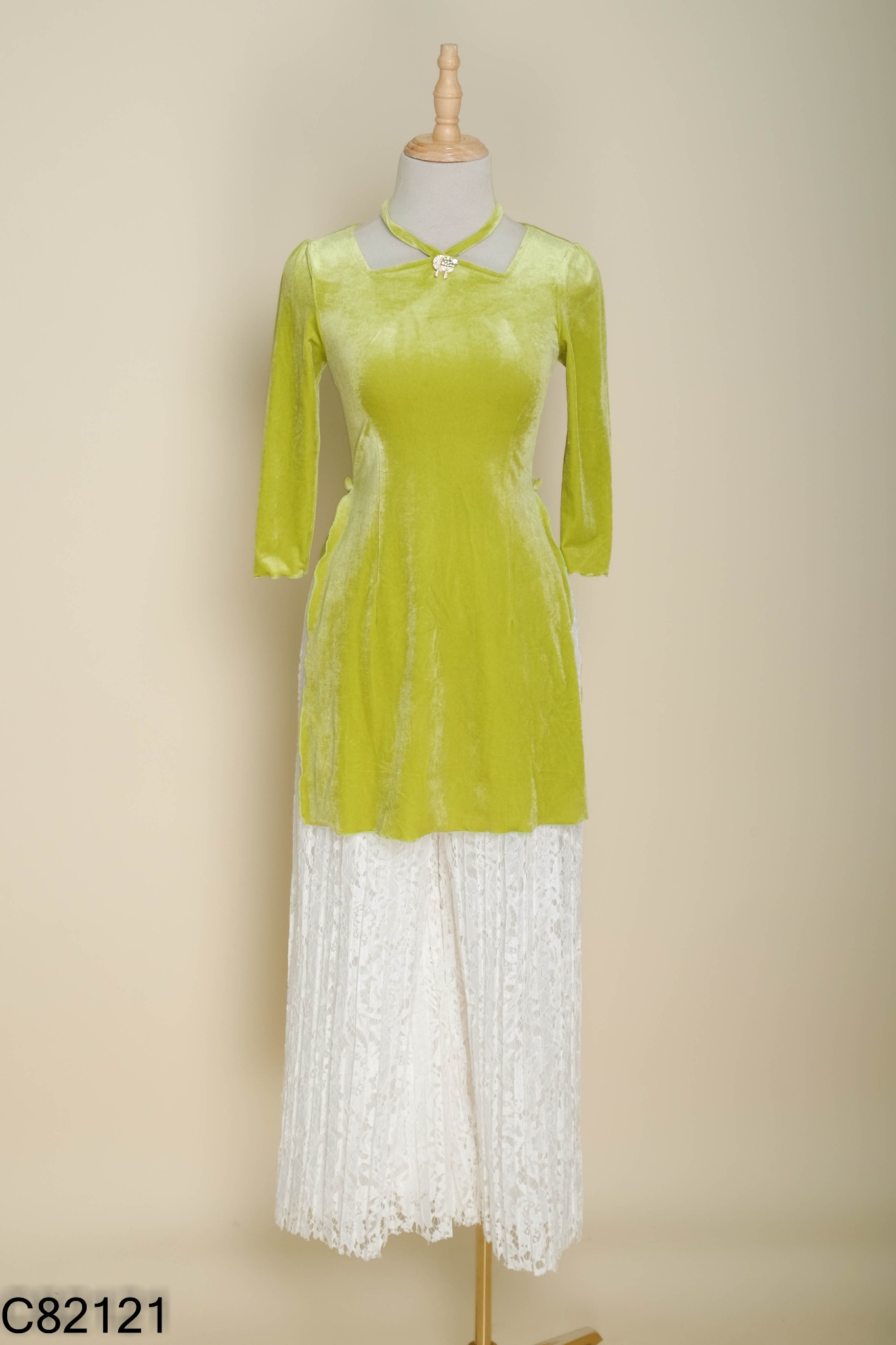 Set Áo nhung xanh + quần ren trắng