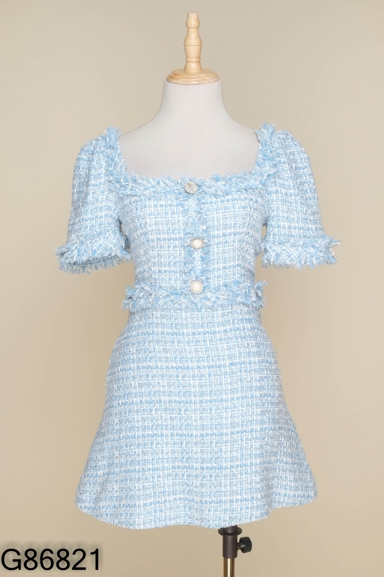 Váy KANEL dạ tweed xanh phối trắng