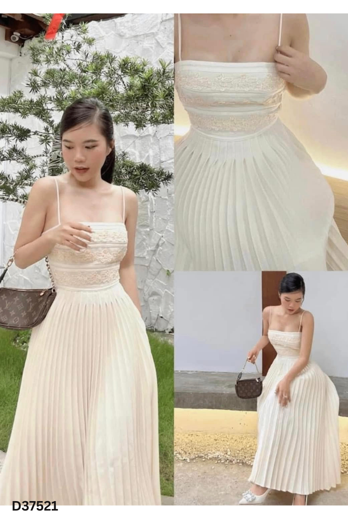 Váy hai dây be xếp ly ren hoa