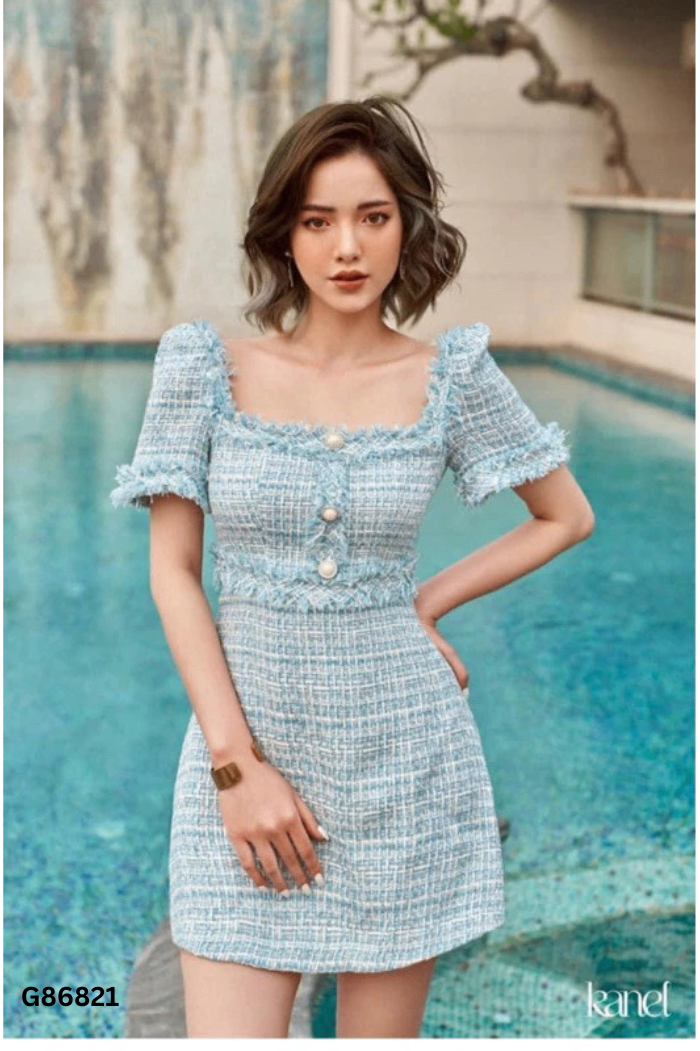 Váy KANEL dạ tweed xanh phối trắng