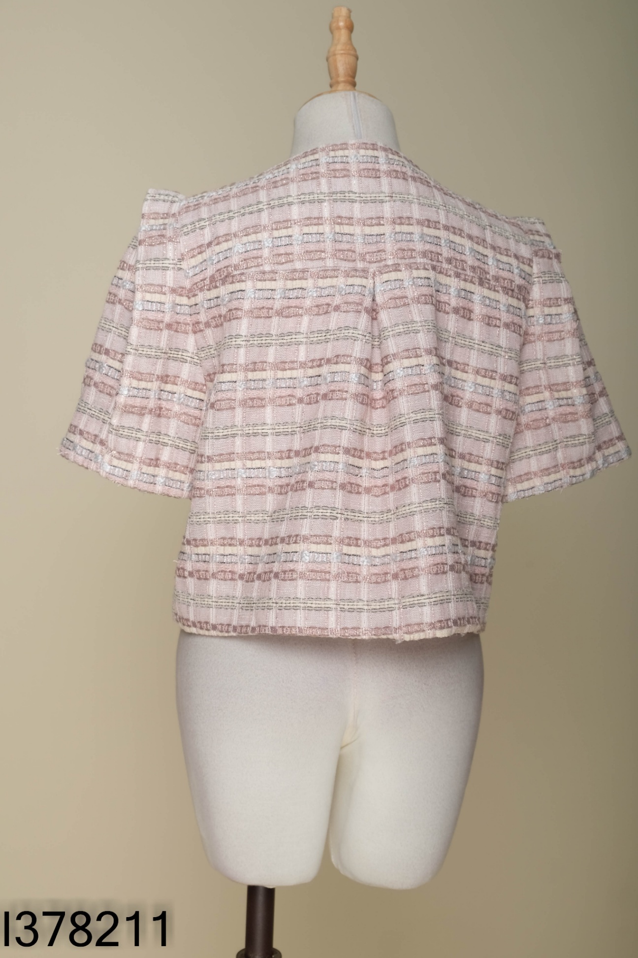 Áo khoác dạ tweed hồng kẻ be