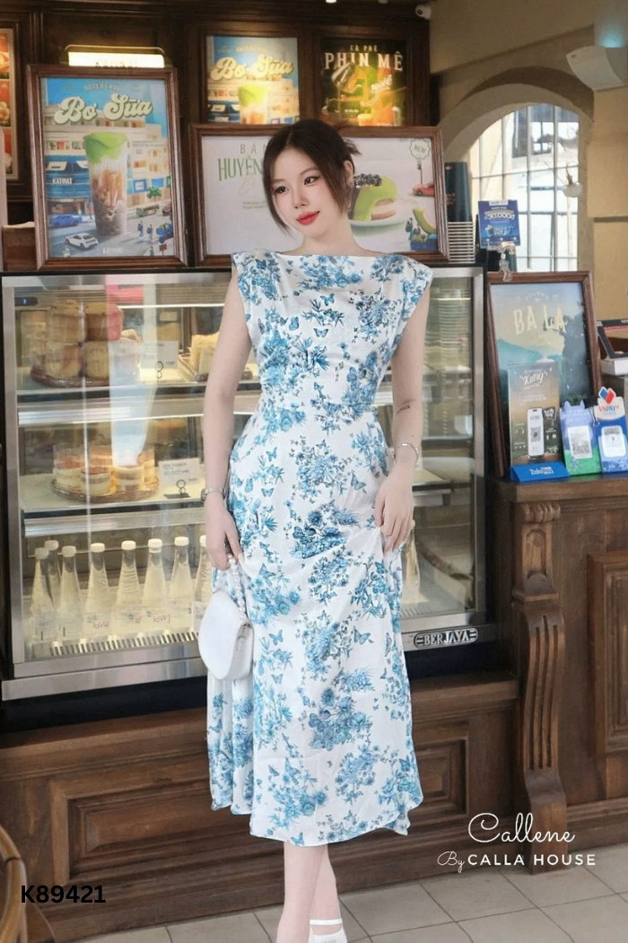 SET Váy trắng be họa tiết xanh + áo sát nách