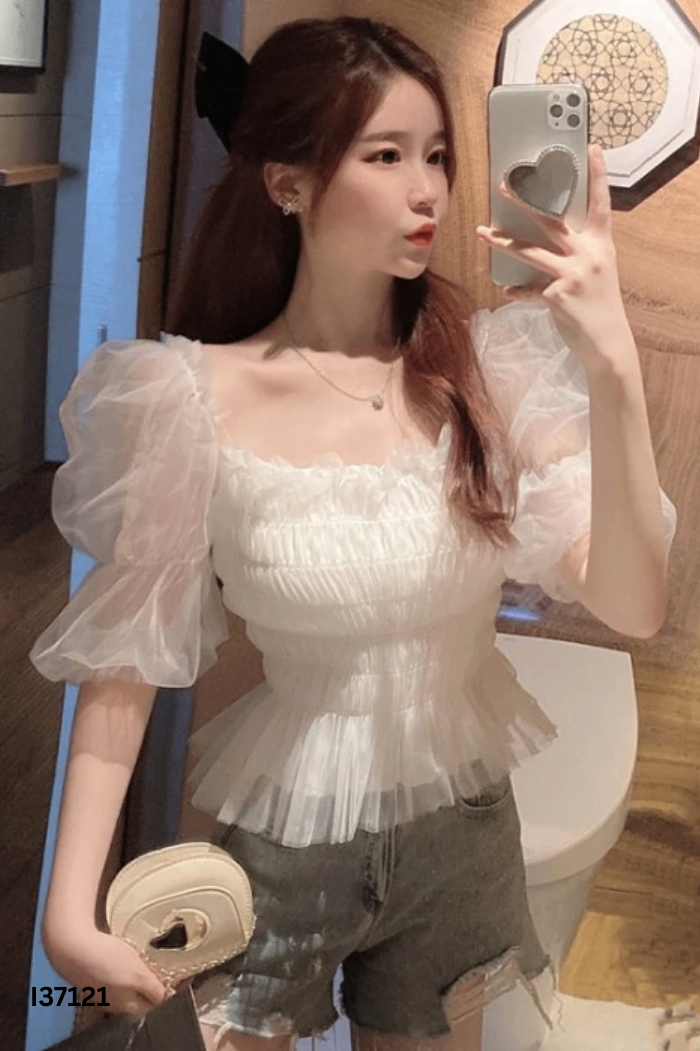 Áo lưới trắng tay phồng