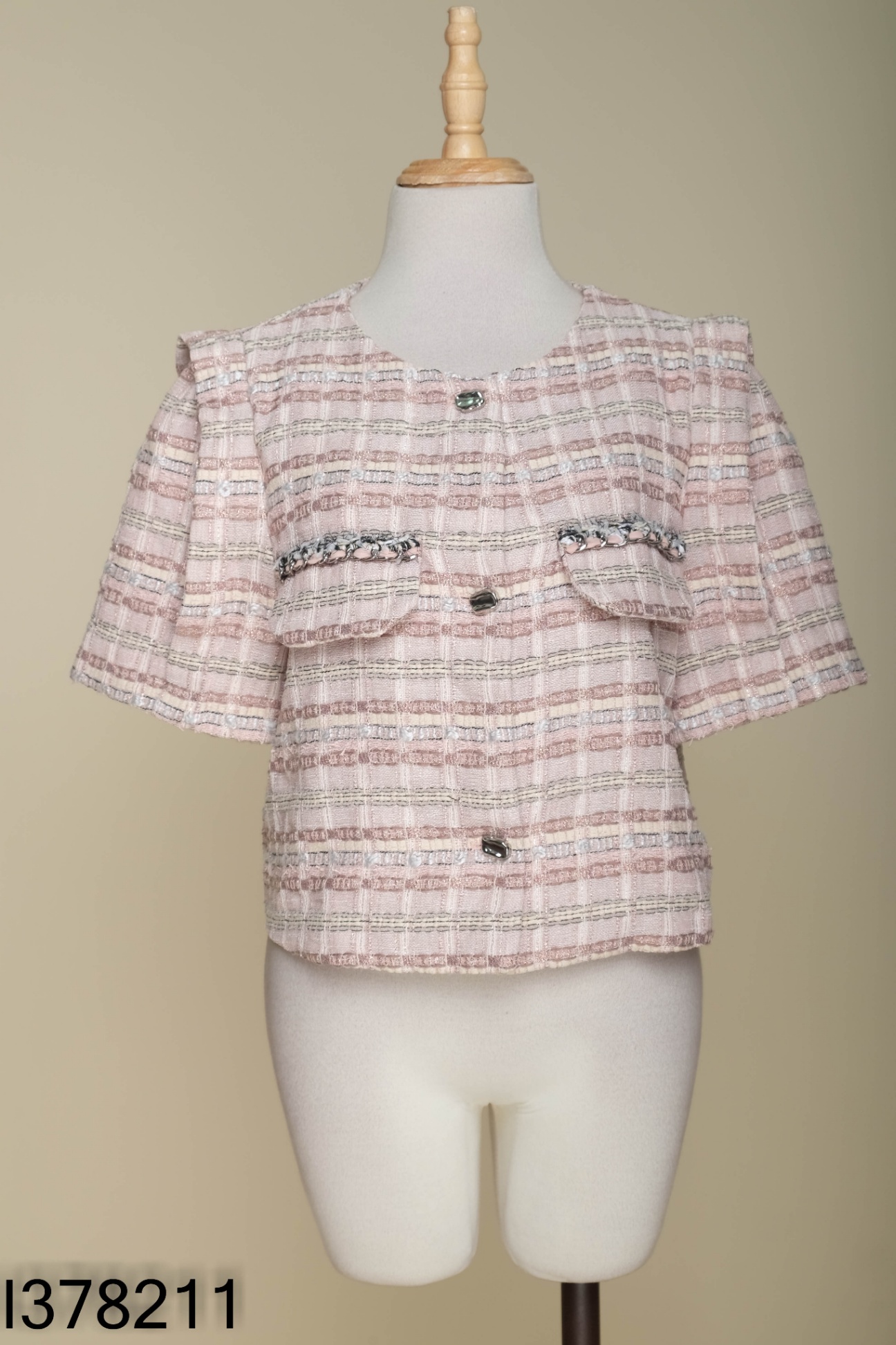 Áo khoác dạ tweed hồng kẻ be