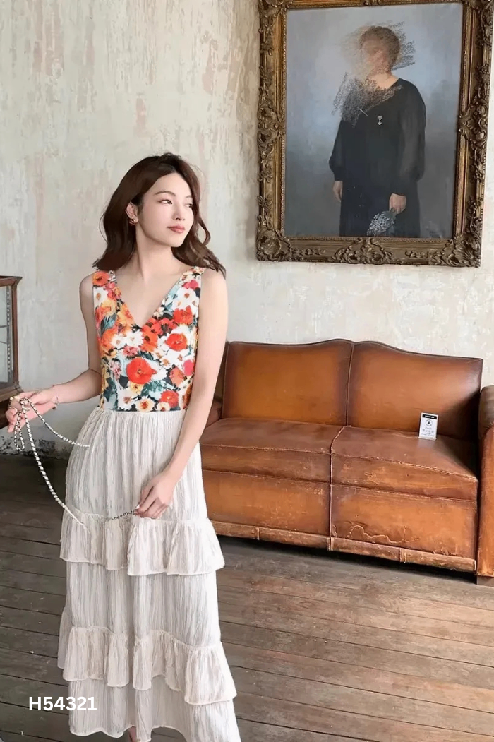 SET Áo sát nách hoa nhiều màu + chân váy organza be