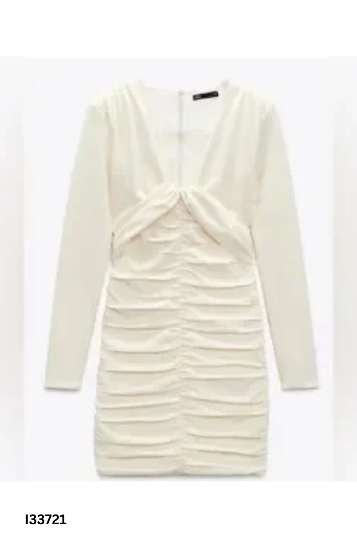 Váy trắng ngà ZARA dúm cổ V