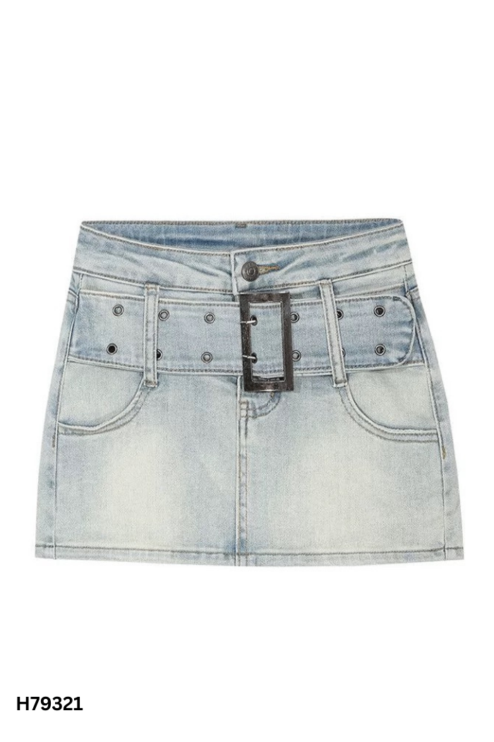 Chân váy jeans xanh phối đai