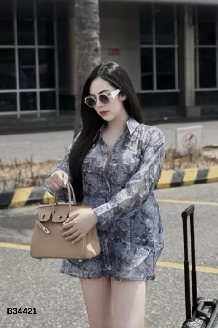 Set Áo sơ mi xám họa tiết + quần shorts