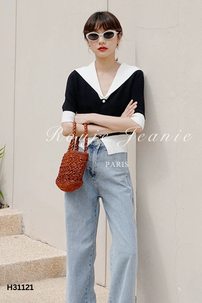Áo kiểu đen phối trắng