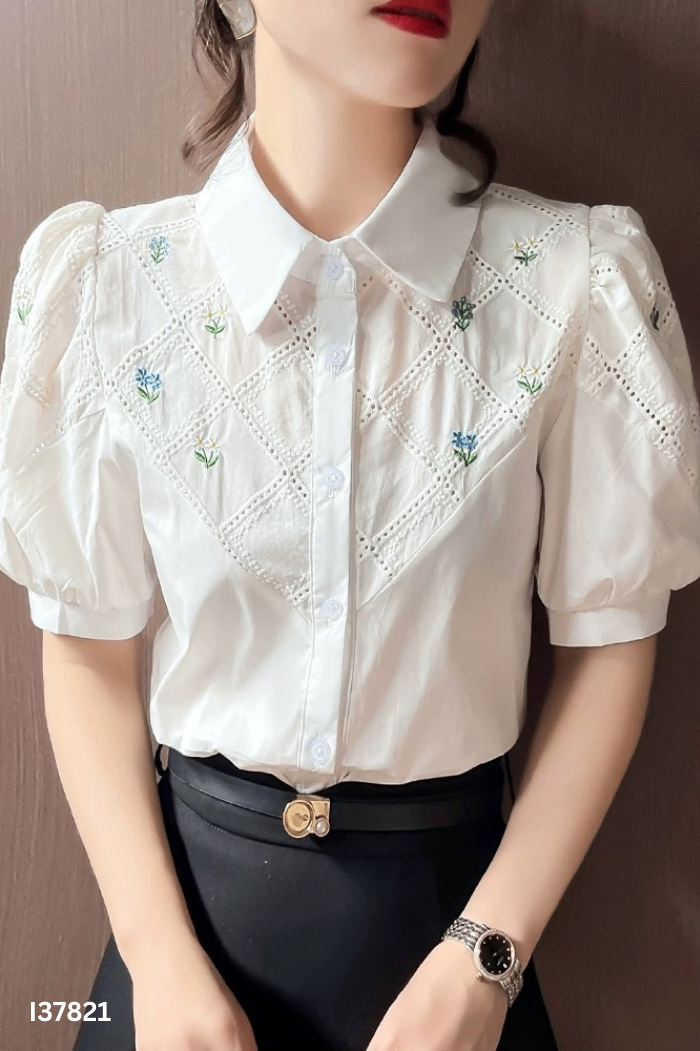 NEWTAG Áo sơ mi trắng thêu hoa