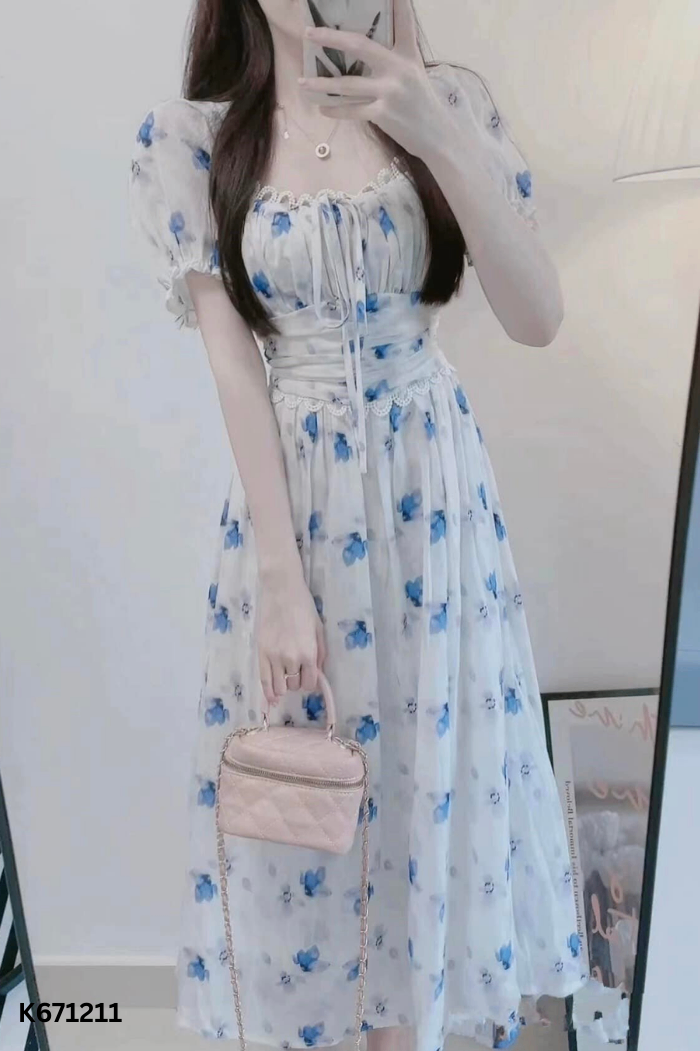 Váy trắng COSY hoa xanh tay phồng