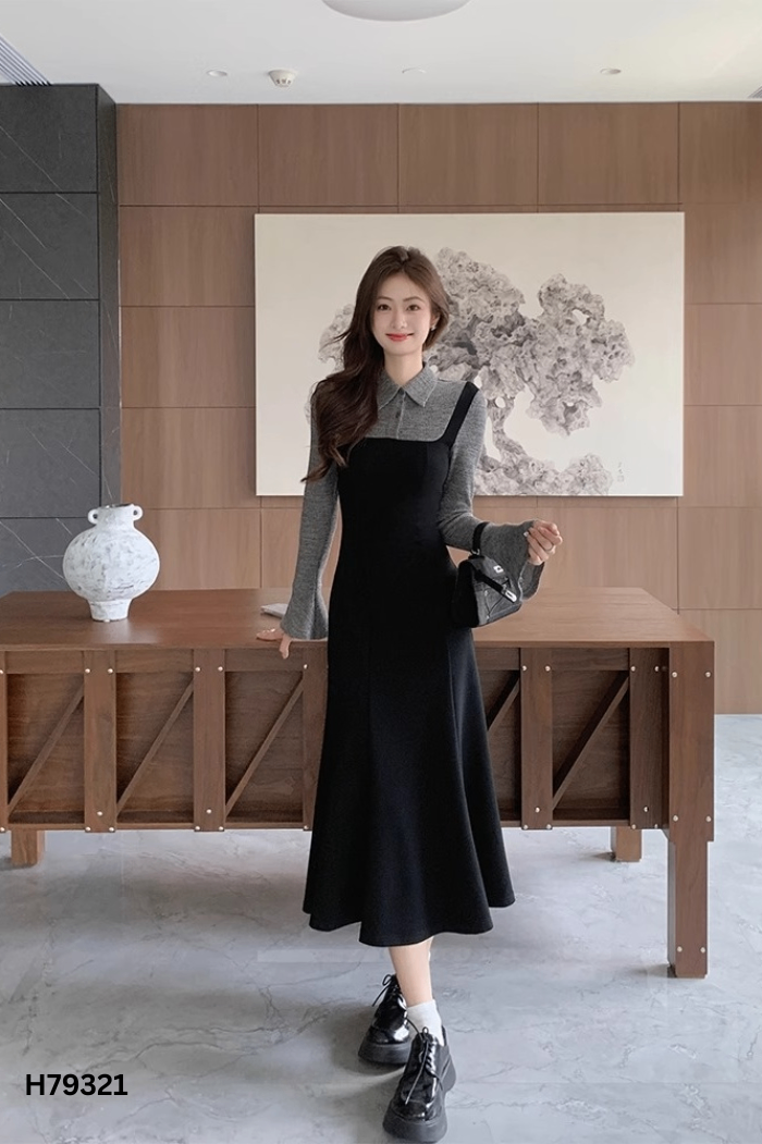 NEWTAG Váy đen DILYS CLOTHES phối xám