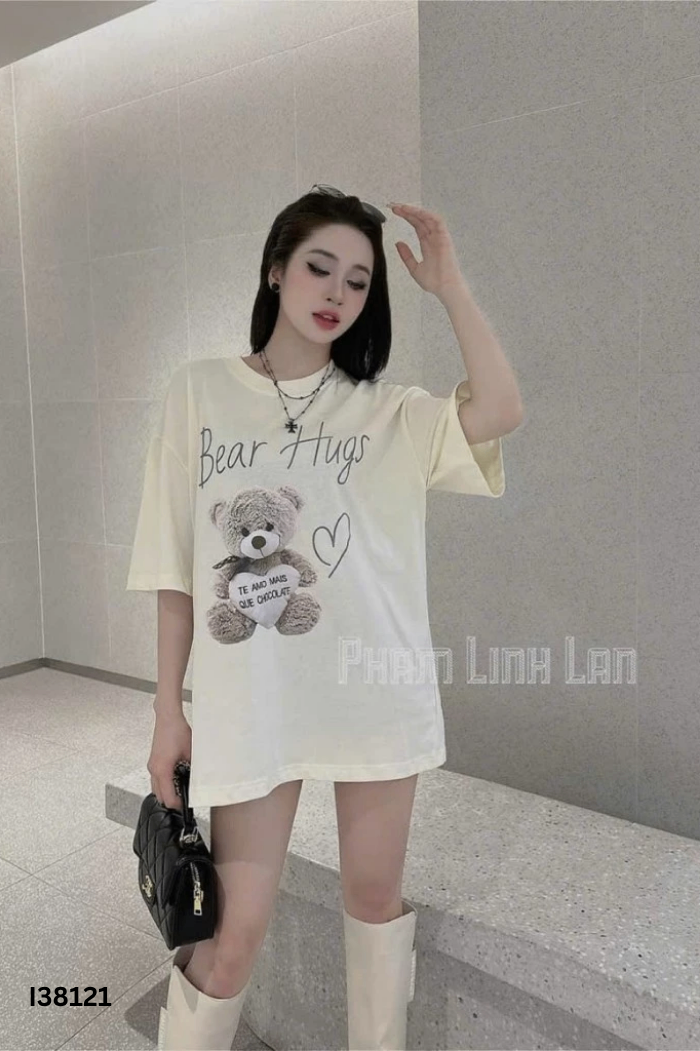 NEWTAG Áo phông be in hình kèm túi gấu