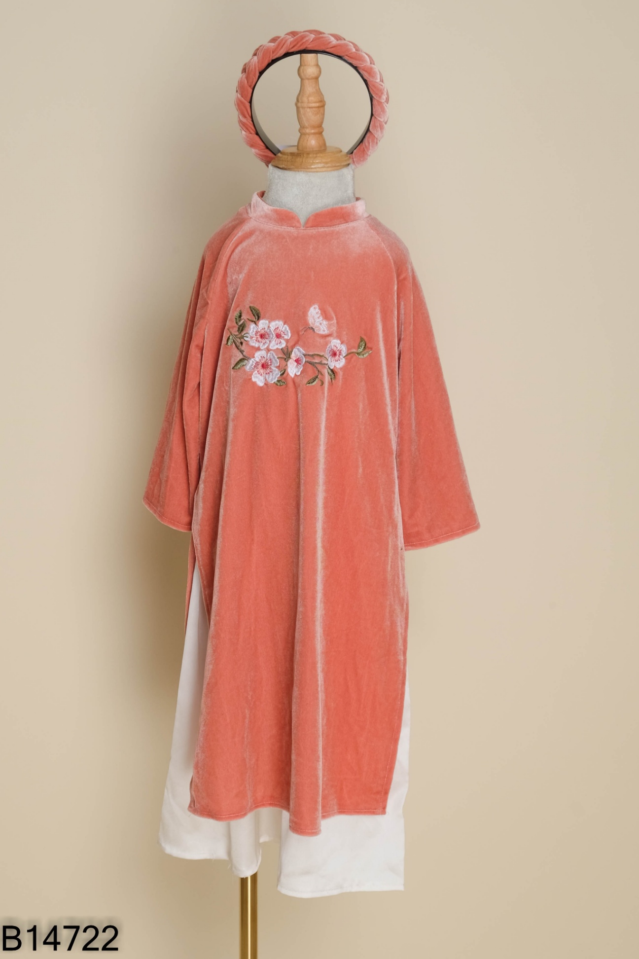 Set Áo dài nhung hồng thêu hoa + quần kèm bờm KIDS