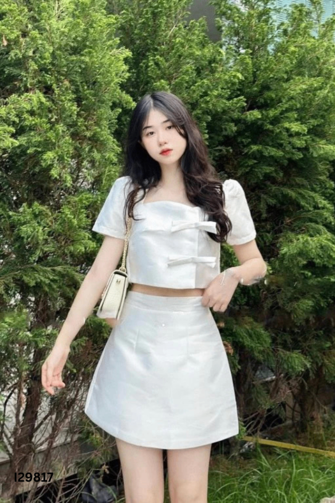 SET Tafta trắng áo nơ + chân váy