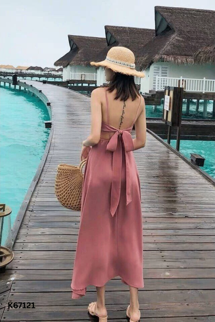 Váy hai dây hồng trơn nơ lưng