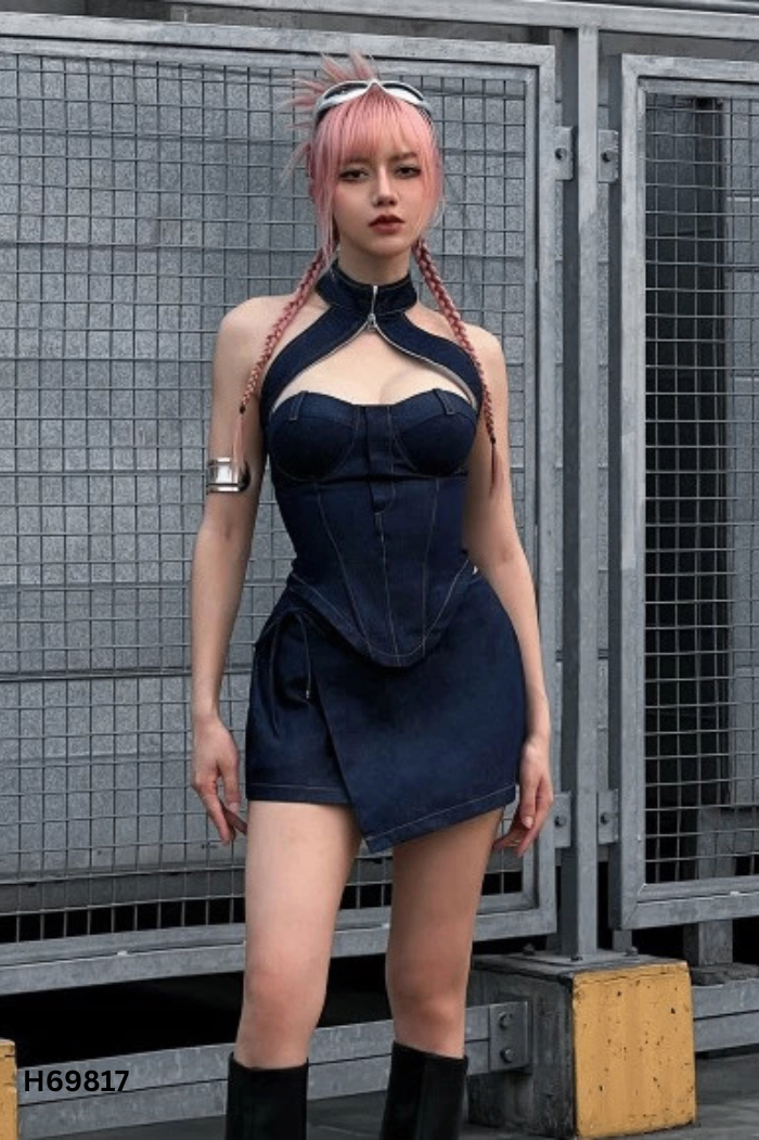 SET Áo jeans xanh kéo khóa + chân váy
