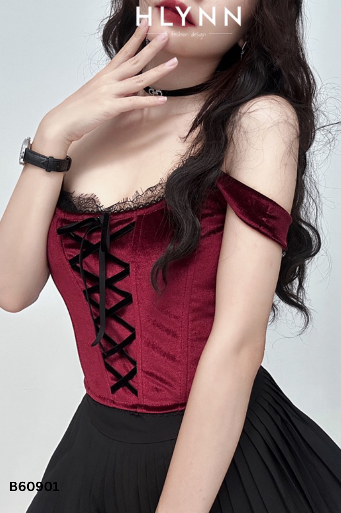 Corset nhung đỏ đan dây
