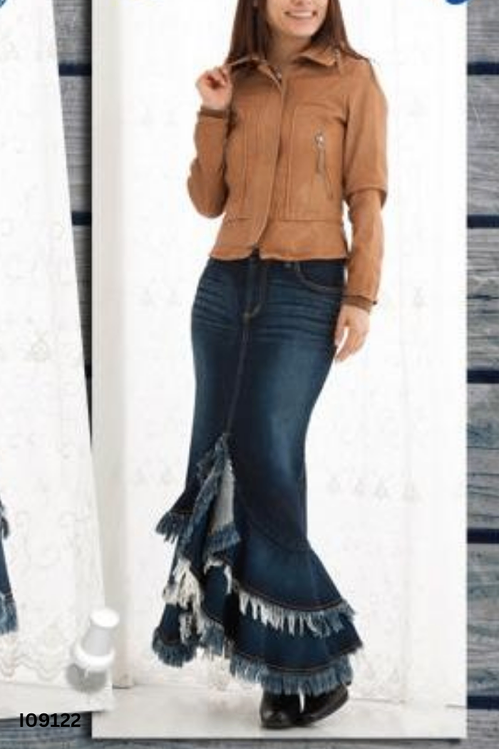 Chân váy jeans xanh tua rua