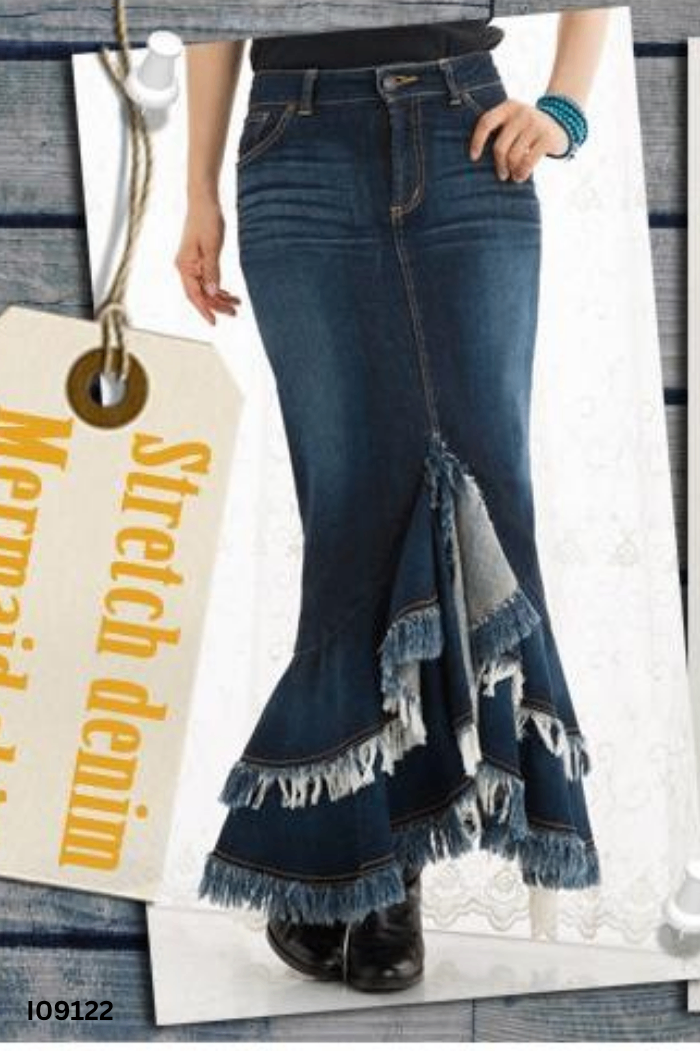 Chân váy jeans xanh tua rua