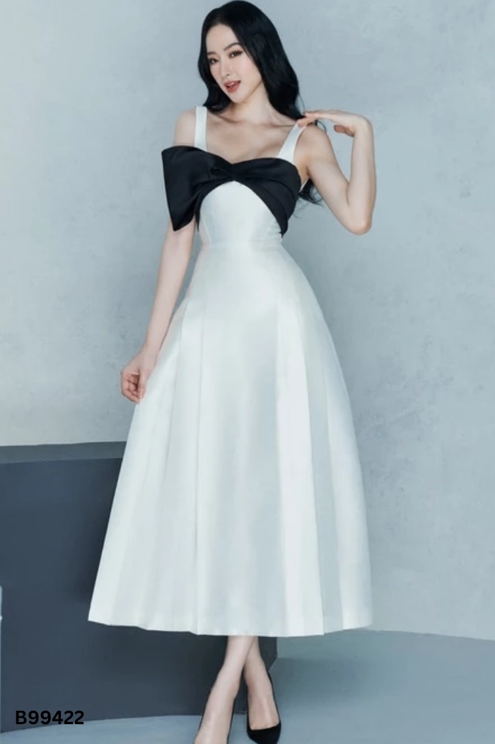 Váy taffa trắng phối nơ đen