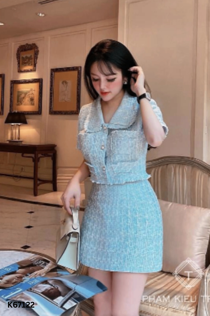 NEWTAG SET Áo + chân váy dạ xanh