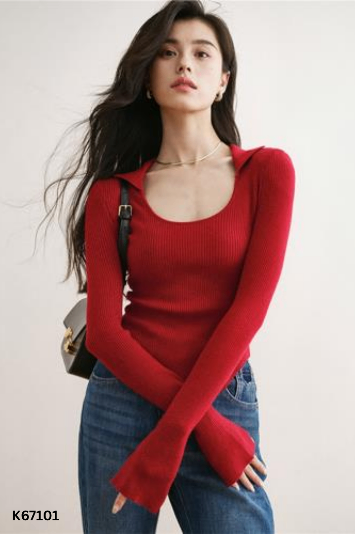 Áo len đỏ cổ bẻ