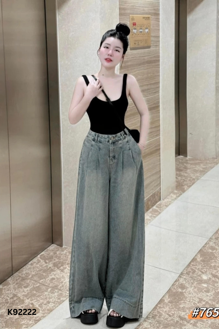 Quần jeans suông xanh ly eo