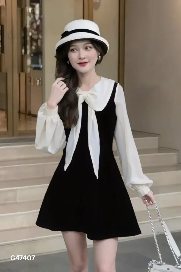 Váy nhung đen cổ be