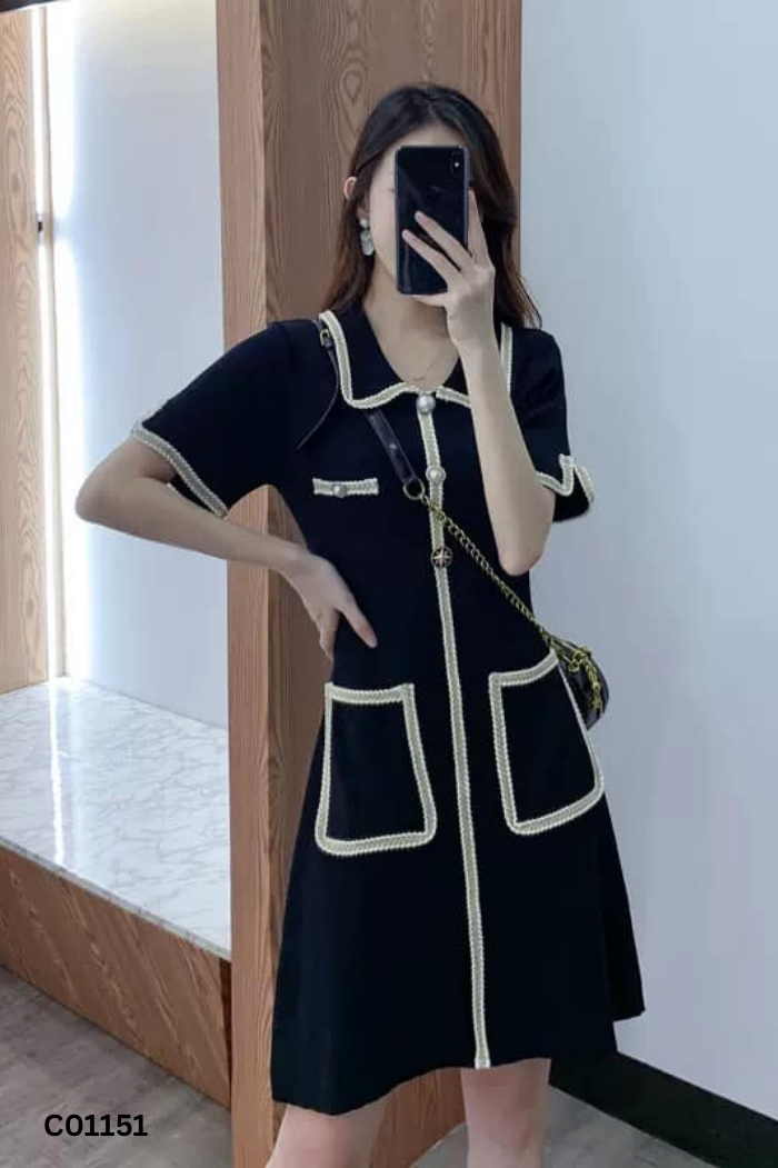 Váy len đen viền dạ trắng