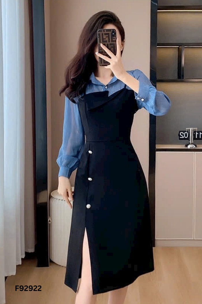 Váy POCASAGO đen phối áo xanh sơ mi