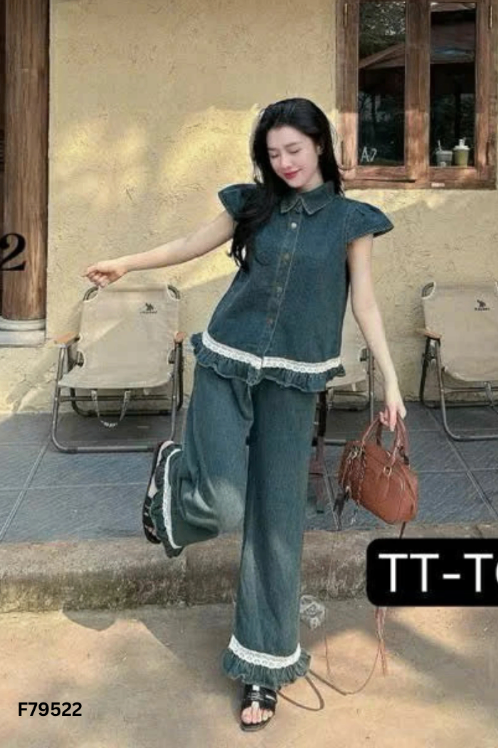 SET Áo xanh phối ren be + quần dài