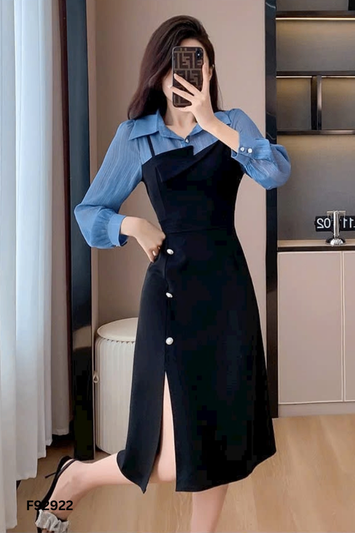 Váy POCASAGO đen phối áo xanh sơ mi