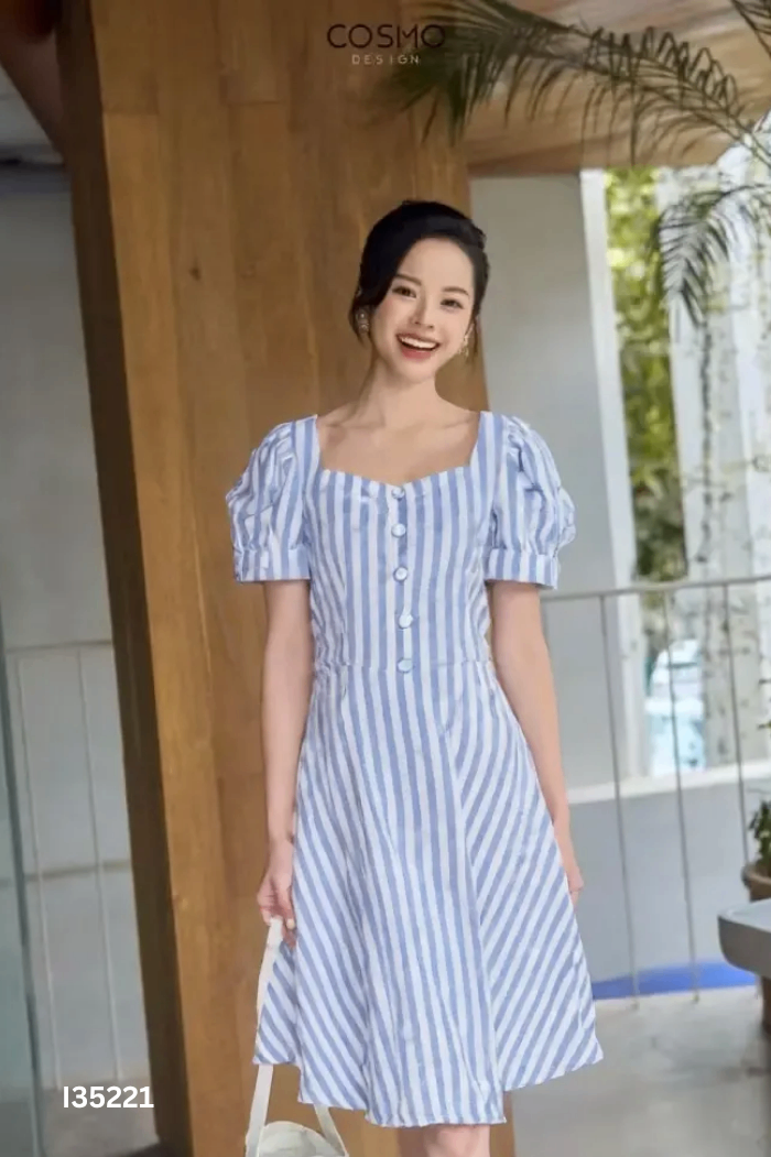 Váy linen xanh sọc tay phồng