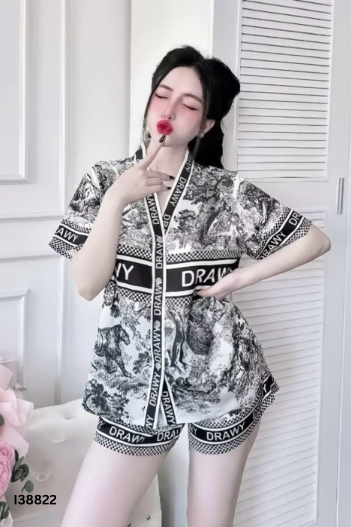 SET Đồ ngủ lụa trắng phối đen xanh