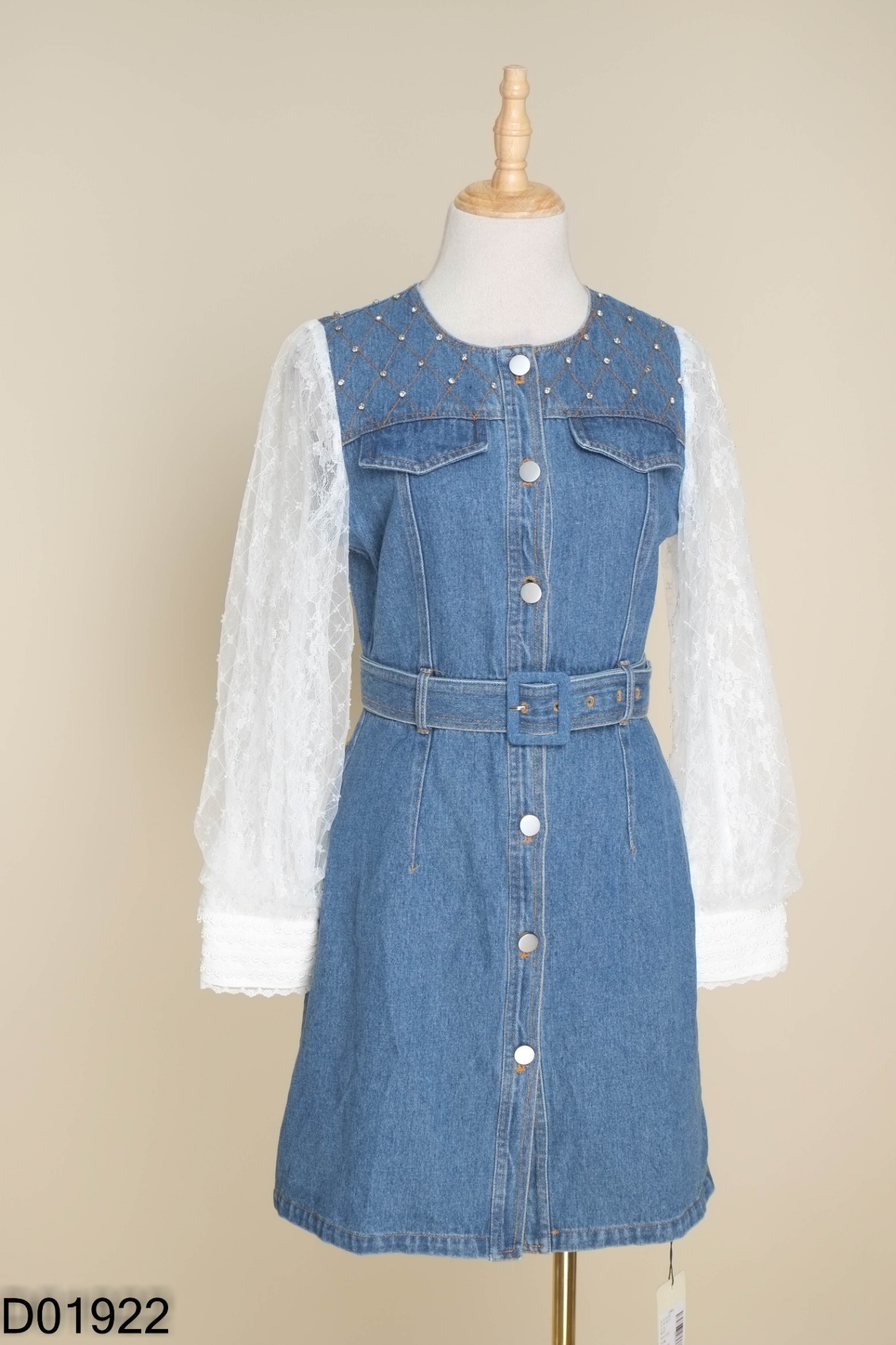 NEWTAG Váy jeans xanh MIUCO tay lưới đính đá