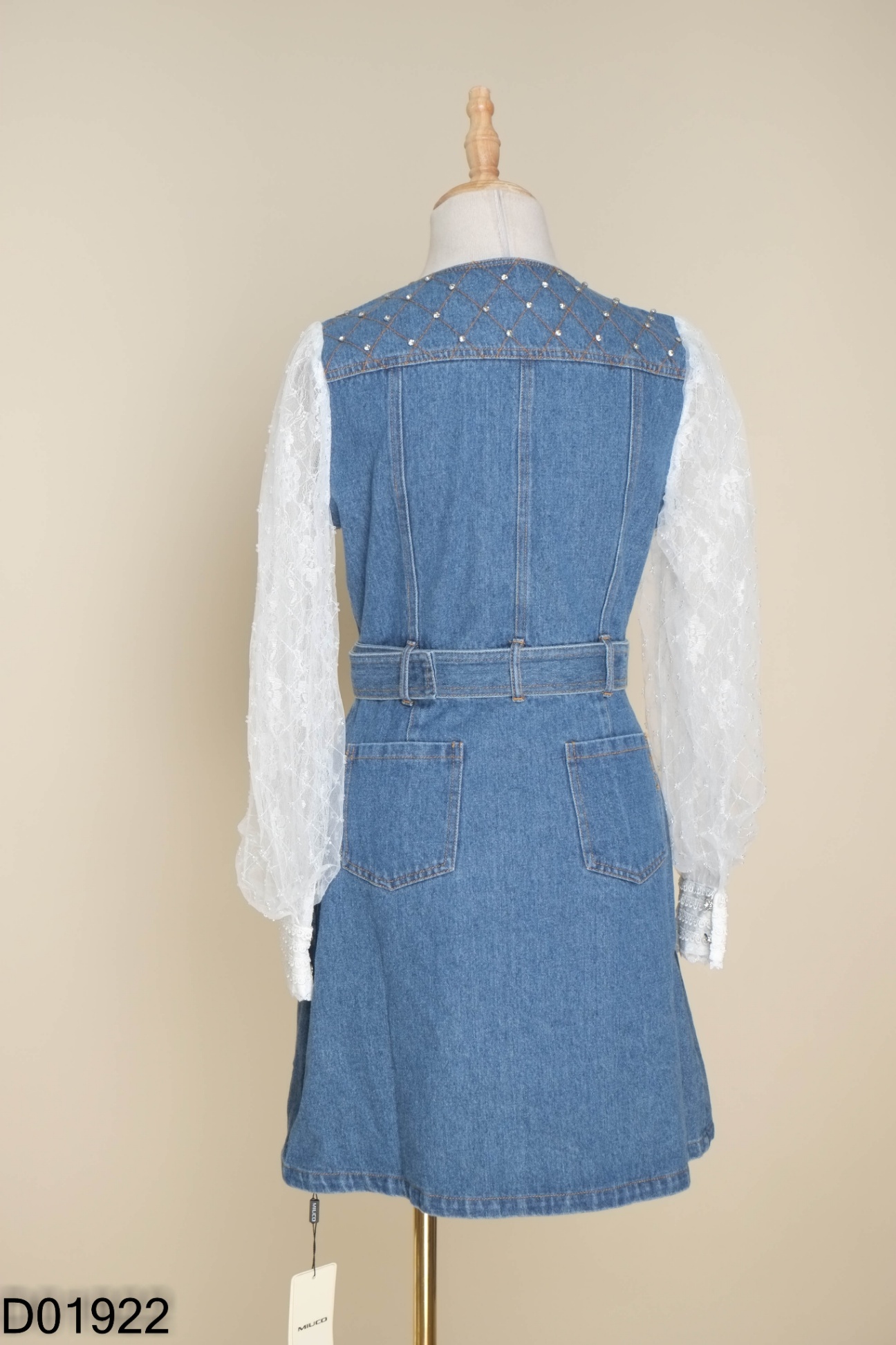 NEWTAG Váy jeans xanh MIUCO tay lưới đính đá