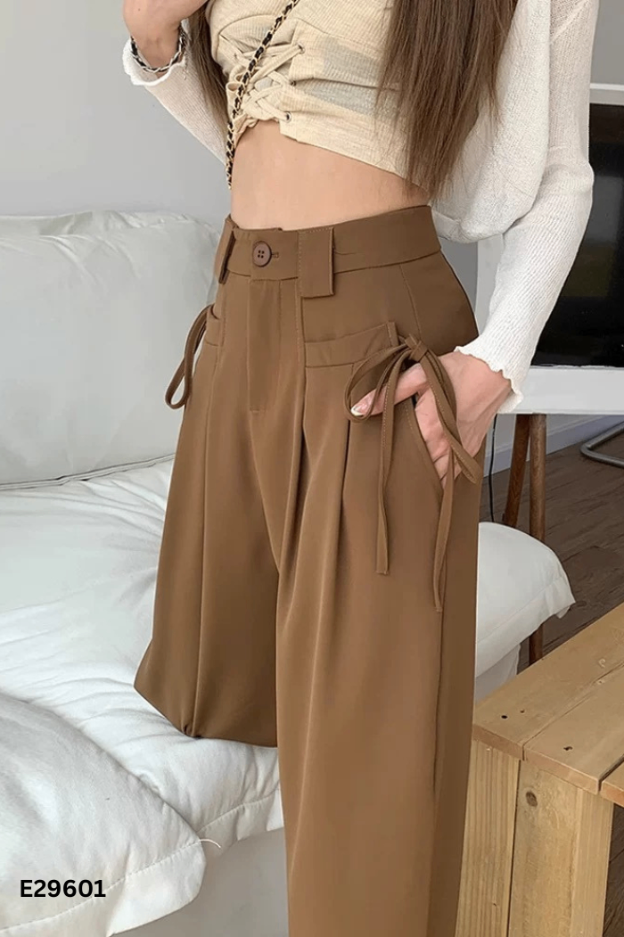 Quần culottes vải nâu buộc eo