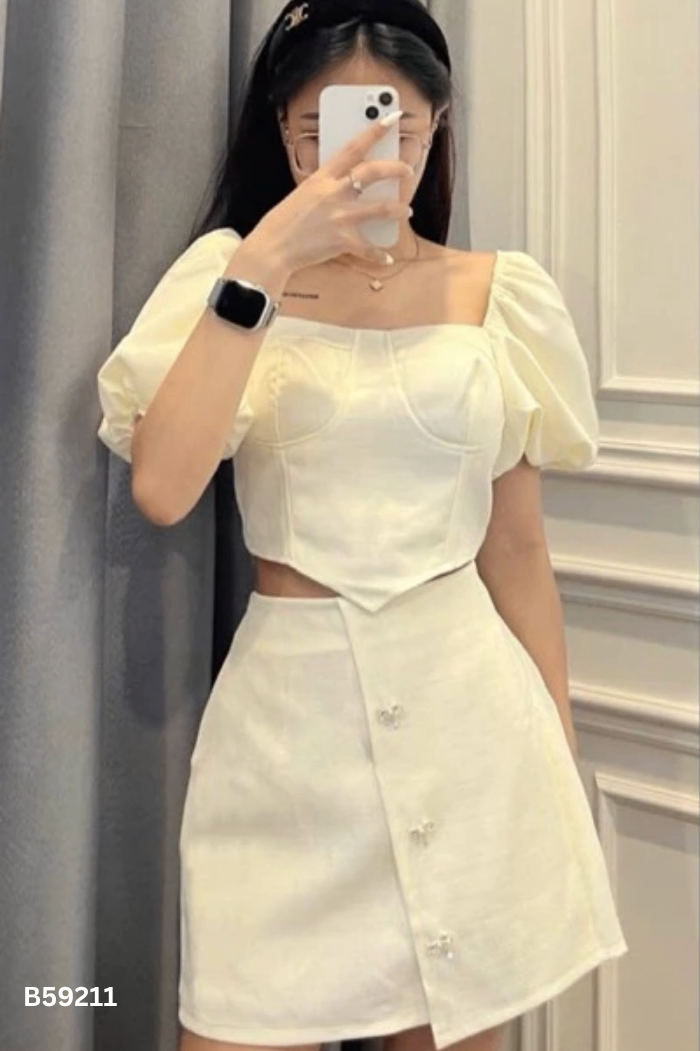 SET Dạ thô trắng ngà áo + chân váy