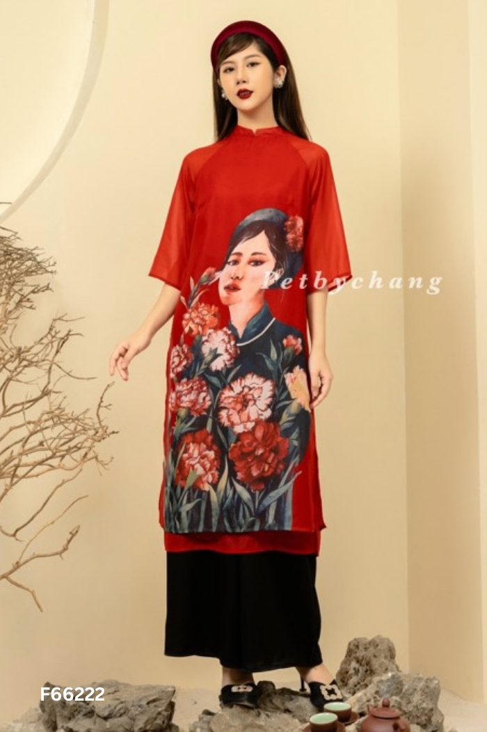 Áo dài đỏ họa tiết hình