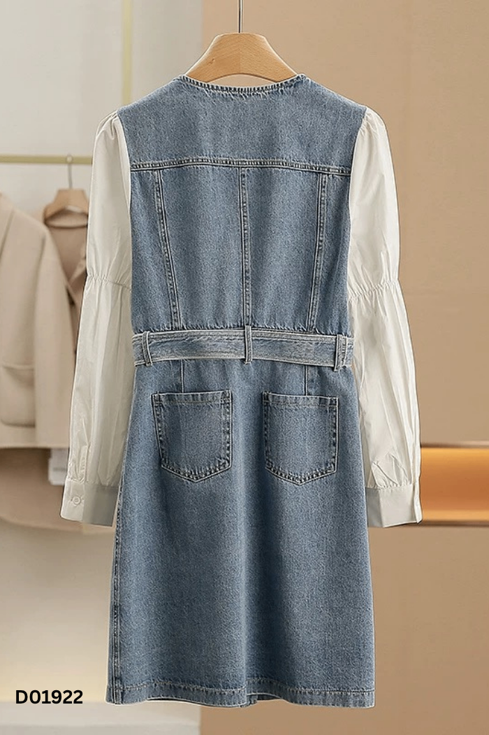 NEWTAG Váy jeans xanh MIUCO tay lưới đính đá