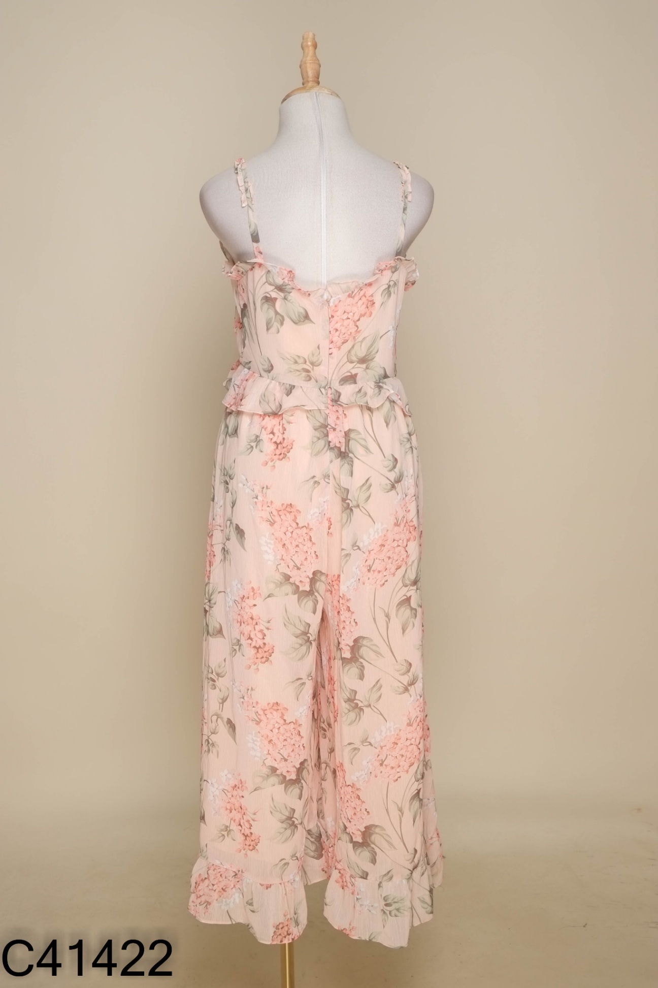Jumpsuits hai dây hoa hồng cam viền bèo