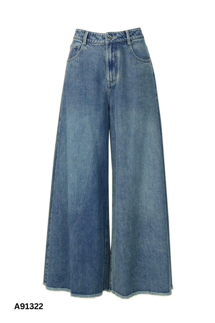 Quần jeans suông xanh cắt gấu