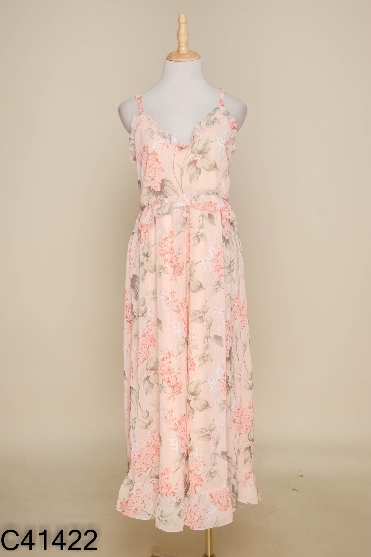 Jumpsuits hai dây hoa hồng cam viền bèo