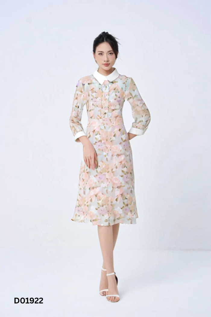 Váy hồng hoa MOIRAI cổ trắng