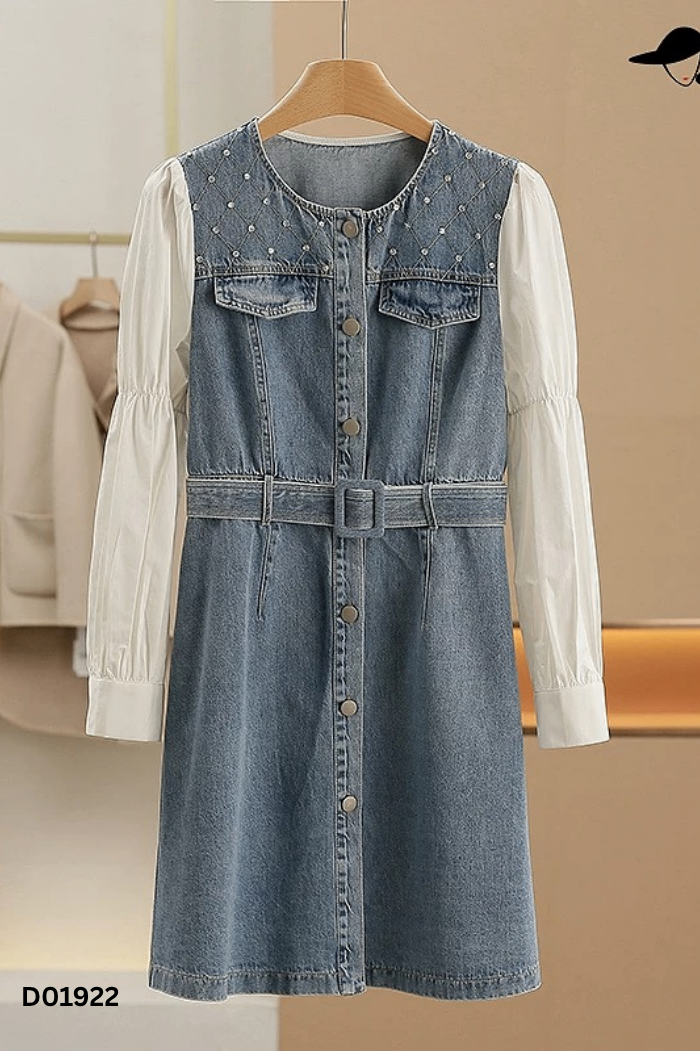NEWTAG Váy jeans xanh MIUCO tay lưới đính đá