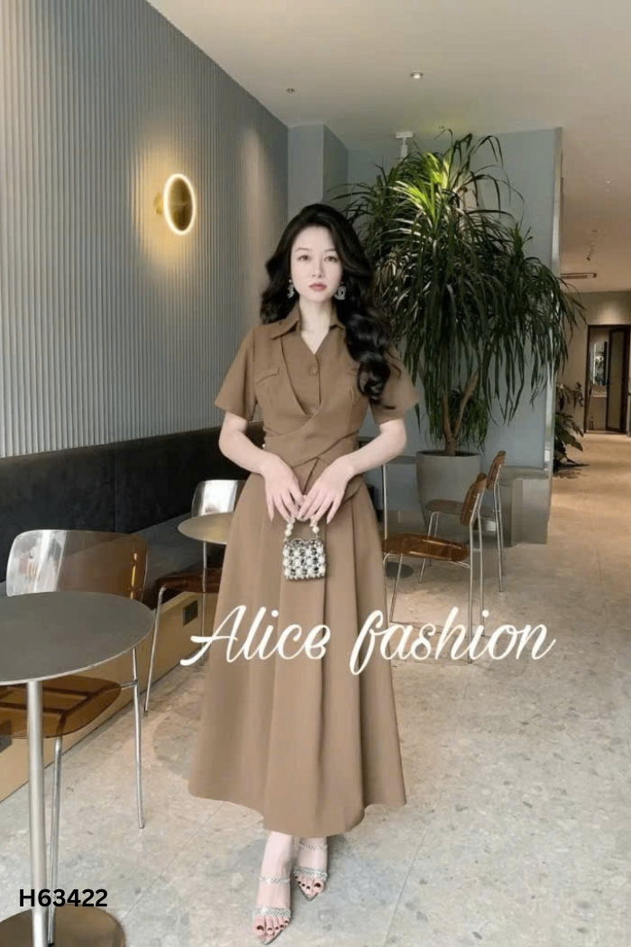 Set nâu áo cổ vest + chân váy